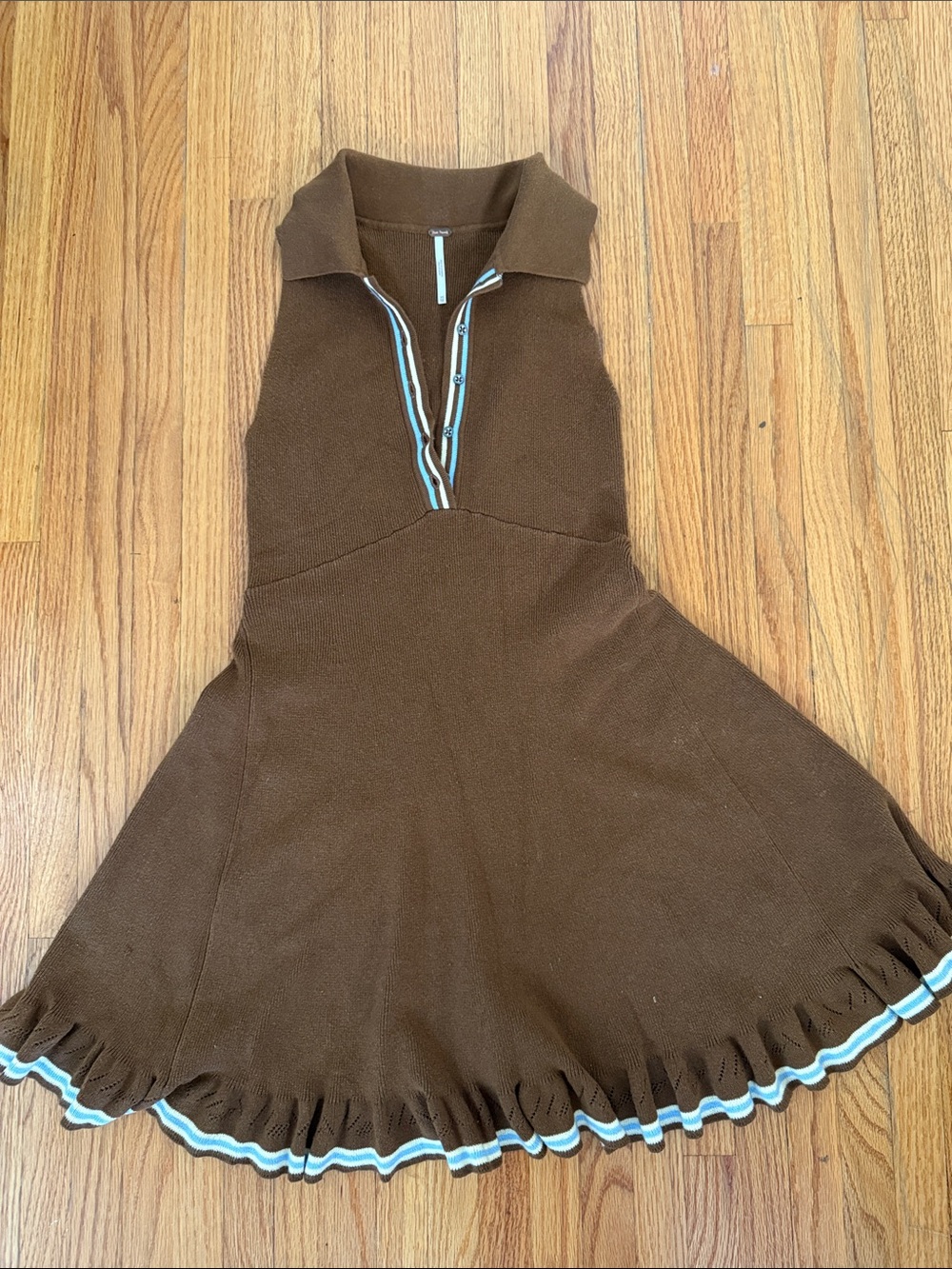 Free People Brown Sleeveless Knit Polo Midi Dress with Blue-Trim